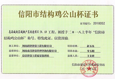 “息县城南区域棚户区刷新项目5#、、6#工程”被授予2018上半年“信阳市结构鸡公山杯”称号