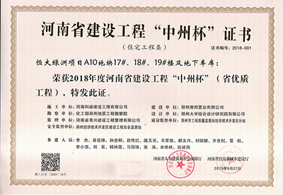 恒大绿洲项目A10地块17#、18#、19#楼及地下车库荣获“2018年度河南省建设工程中州杯（省优质工程）”